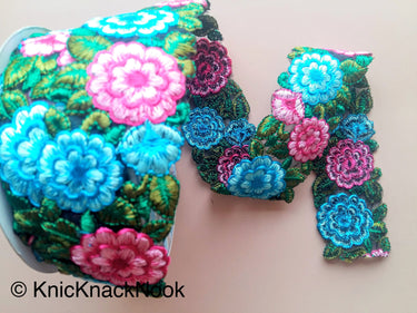 Black Fabric Trim With Pink, Blue And Green Floral Embroidery, 50mm wide - 200317L334
